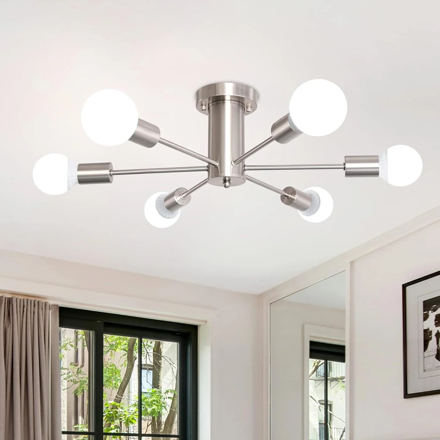 Sputnik Ceiling Light Nickel, 6-Light Industrial Modern Flush Fixture