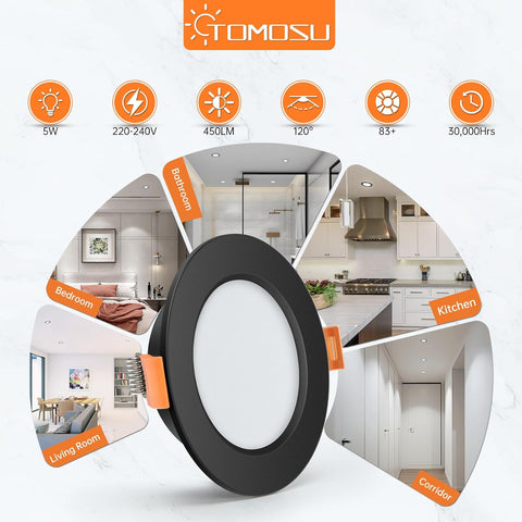 Pack of 10 Extra Flat Black LED Recessed Spotlights, 5 W 450 Lumen Equivalent to 50 W Incandescence, 4000 K Neutral White IP44, Diameter 98 Mm, Hole Diameter Φ75-85 Mm