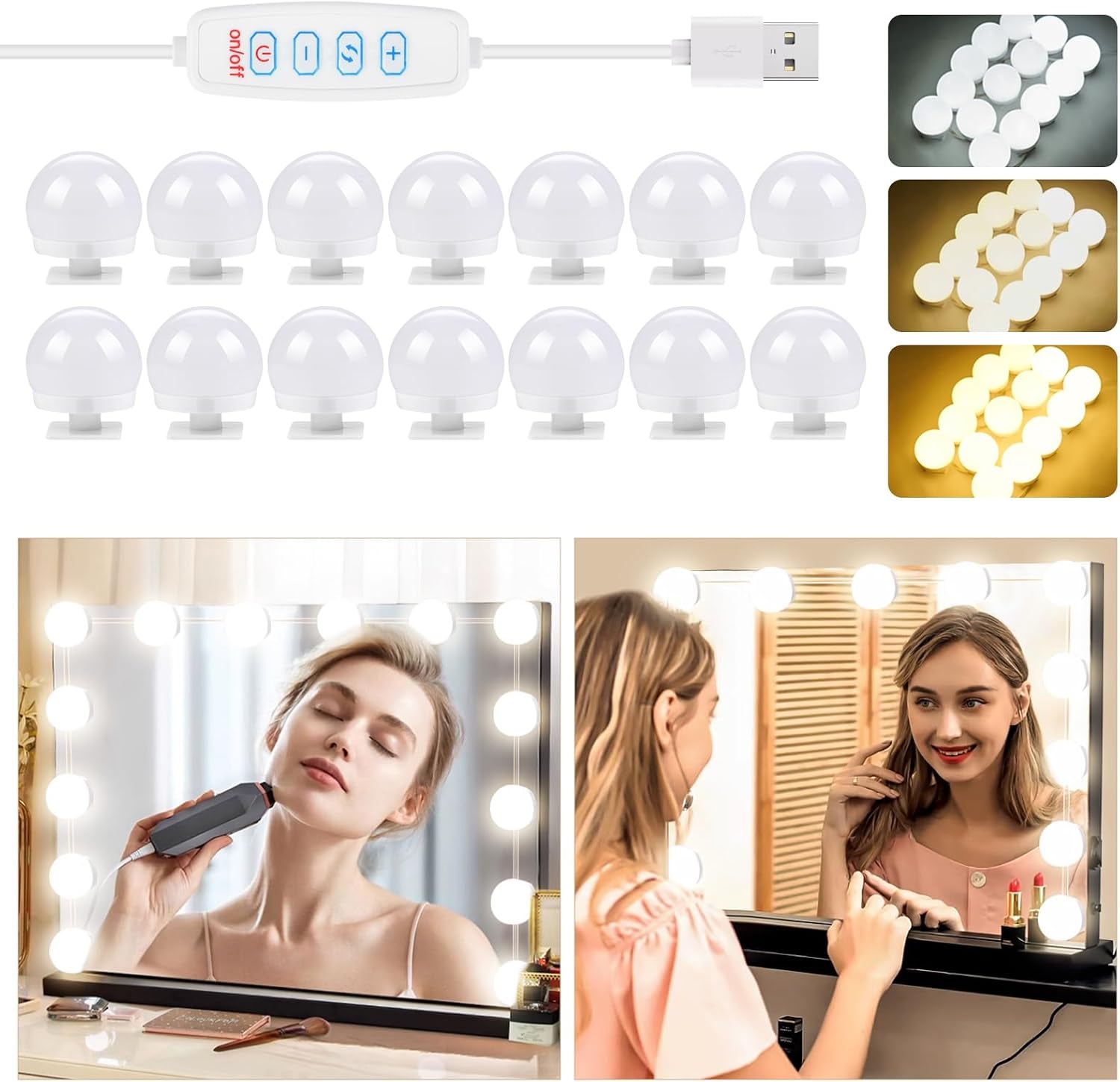 Hollywood Mirror Lights Stick on 10 Bulbs, Makeup Lights for Dressing Table, USB Cable Adjustable, LED Vanity Mirror Lights for Mirror Make up Light for Bathroom Vanity Table Bedroom