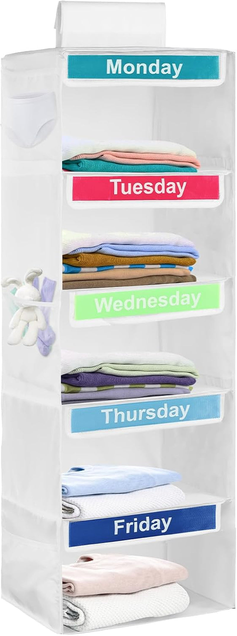 Weekly Clothes Organiser for Kids, 5-Shelf Hanging Storage Organiser for Daily Clothing, Day of the Week Children Clothes Organizer, Monday to Friday Wardrobe Storage for School Uniform Hats (White)