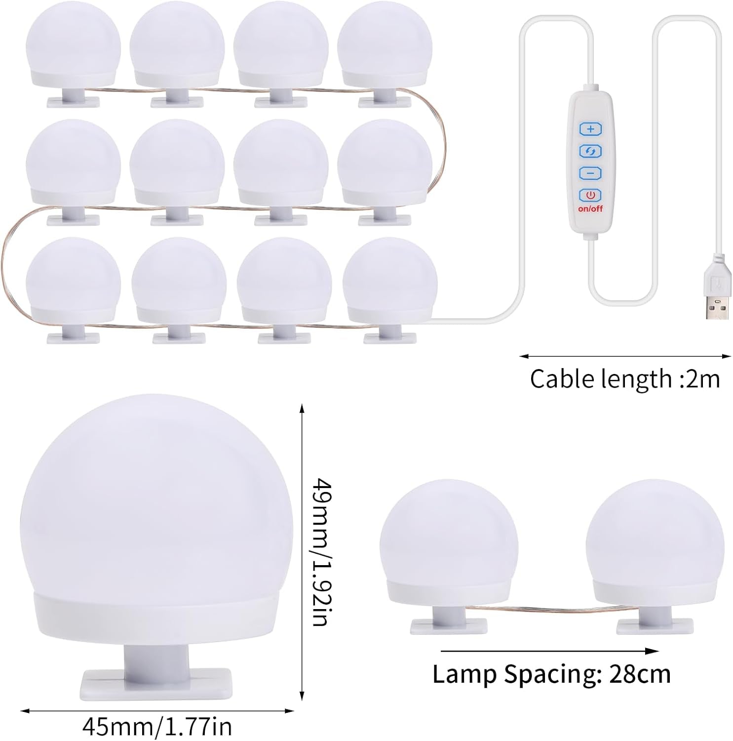 Vanity Mirror Lights Kits, 12 Bulbs Hollywood Style LED Makeup Lights with USB Cable, 3 Colour Changing & 9-Level Brightness, Make up Light for Dressing Table Room, Bathroom