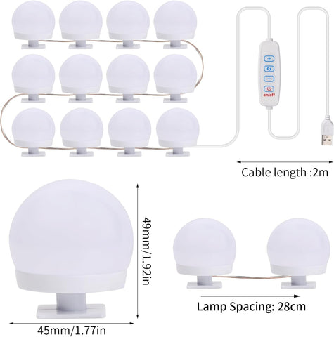 Vanity Mirror Lights Kits, 12 Bulbs Hollywood Style LED Makeup Lights with USB Cable, 3 Colour Changing & 9-Level Brightness, Make up Light for Dressing Table Room, Bathroom