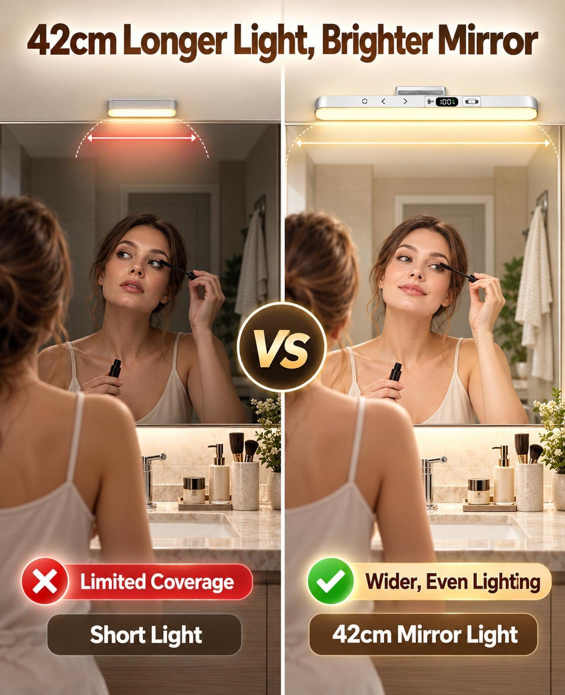 42Cm Makeup Light for Mirror,Dimmable Cordless Vanity Light,2Pk | Rechargeable Stick-On Lights, Dressing Lights with Battery Display,Foldaway Hook, 5 CCT & Dimmable,10/30 Min Timer, 2PK