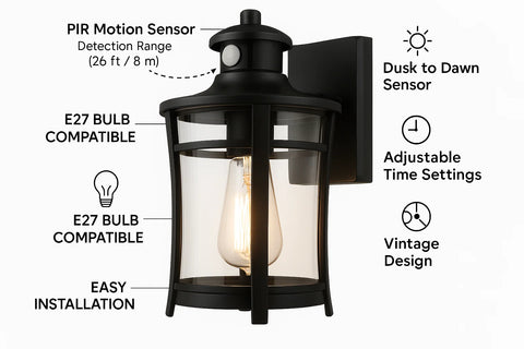 Vintage PIR Motion Sensor Wall Lantern – Black