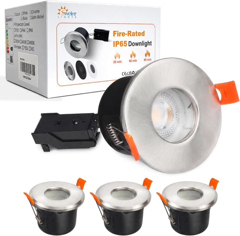 LED Fire Rated Downlights, 5W IP65 Waterproof Bathroom Spotlights, Dimmable 6000K Cool White Recessed Ceiling Lights for 70-75Mm Cut Out, AC220V-240V 4 Pack