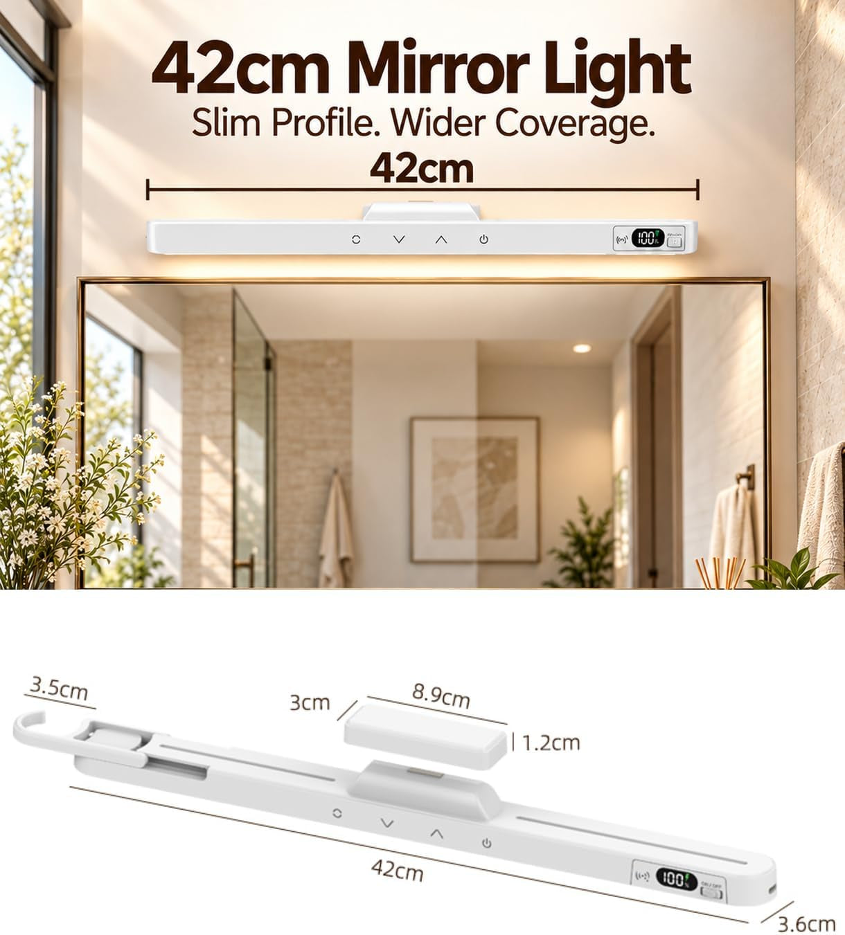 42Cm Makeup Light for Mirror,Dimmable Cordless Vanity Light,2Pk | Rechargeable Stick-On Lights, Dressing Lights with Battery Display,Foldaway Hook, 5 CCT & Dimmable,10/30 Min Timer, 2PK