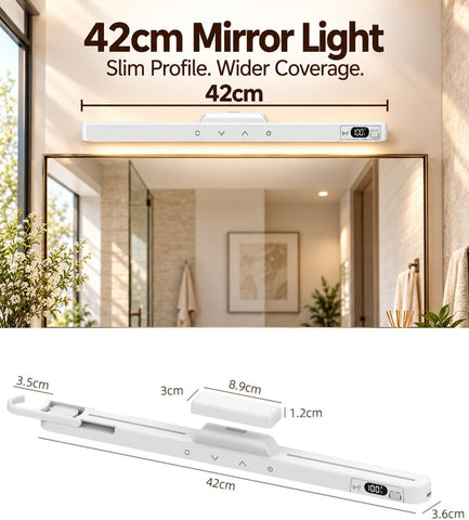 42Cm Makeup Light for Mirror,Dimmable Cordless Vanity Light,2Pk | Rechargeable Stick-On Lights, Dressing Lights with Battery Display,Foldaway Hook, 5 CCT & Dimmable,10/30 Min Timer, 2PK
