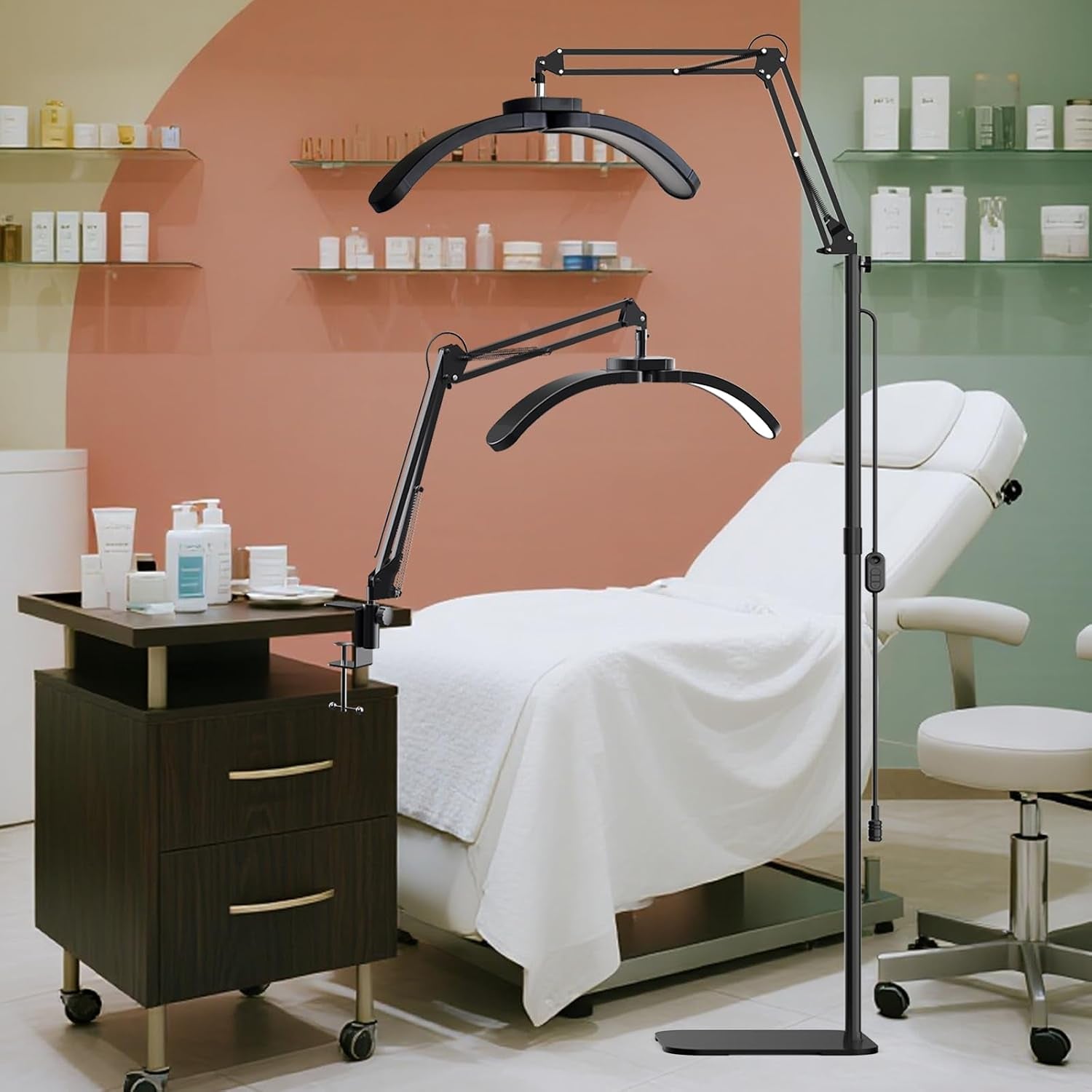 Half Moon Light for Eyelash Tech, Lash Lamp Eyelash Extensions | Professional Dimmable LED Floor Light with Phone Holder, for Esthetician,Nail Art, Beauty, Tattoo, Skincare Salon