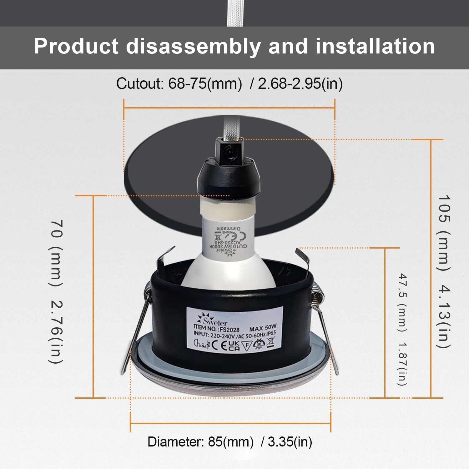 LED Downlights 5W, GU10 IP65 Bathroom Spotlights 3000K Warm White, 430LM Waterproof Recessed Ceiling Lights for Shower, Kitchen, Cut Out 68-75Mm 4 Pack