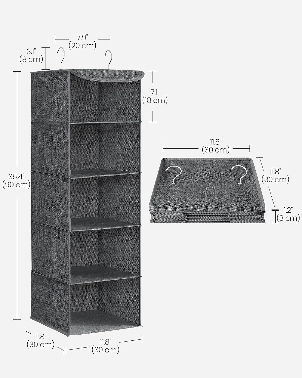 SONGMICS Hanging Wardrobe Organiser Set of 2, 5 Shelves Each, Foldable Grey Storage – Make Room for the Things You Love
