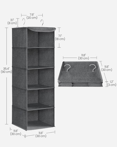 SONGMICS Hanging Wardrobe Organiser Set of 2, 5 Shelves Each, Foldable Grey Storage – Make Room for the Things You Love