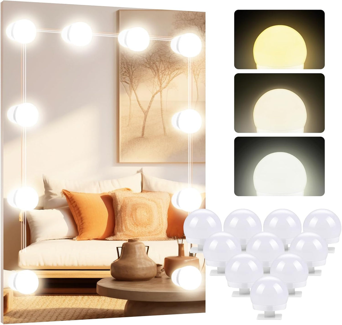 Hollywood Mirror Lights Stick on 10 Bulbs, Makeup Lights for Dressing Table, USB Cable Adjustable, LED Vanity Mirror Lights for Mirror Make up Light for Bathroom Vanity Table Bedroom