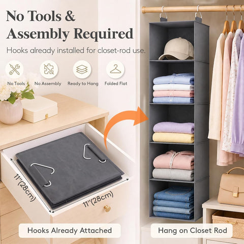 Hanging Wardrobe Storage Organiser for Clothes 5 Tier 2 Pack