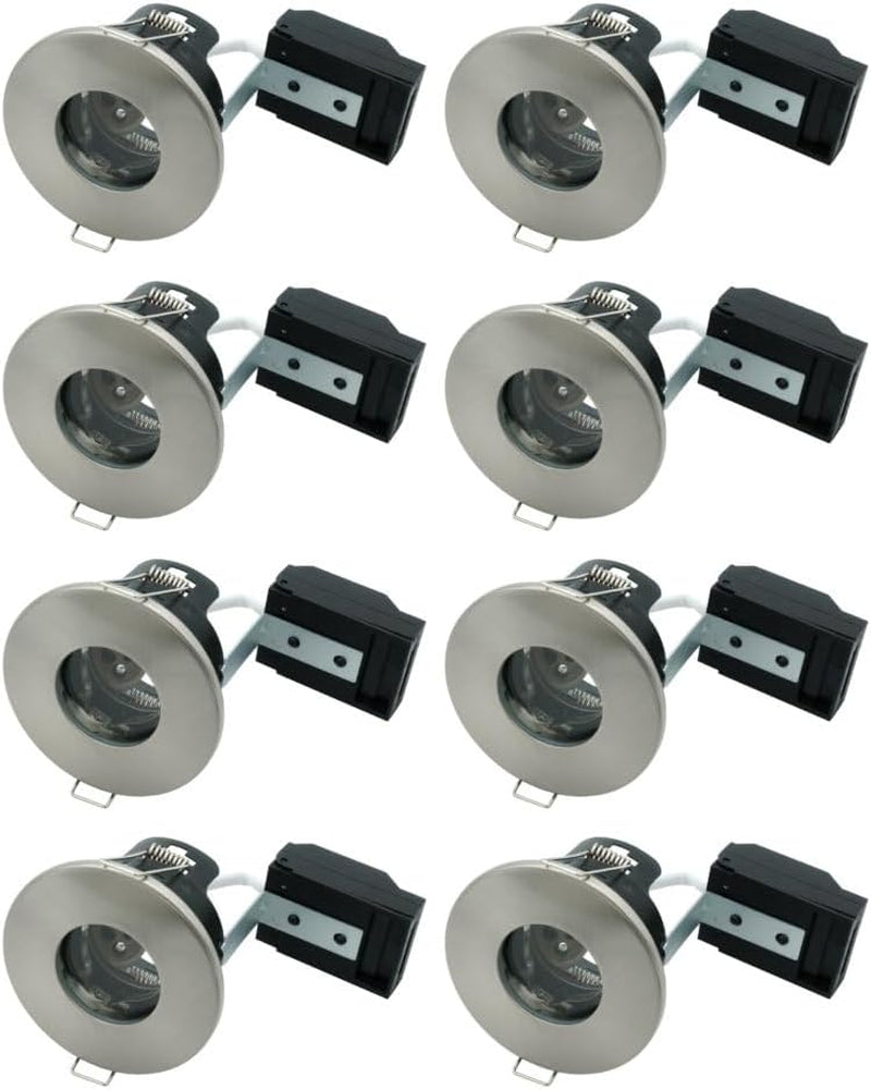 8 Pack - Brushed Chrome IP65 Bathroom & Shower Fire Rated Twist Lock GU10 Recessed Downlight | Air Flow Open Back | 68Mm Cut Out | 240V Class 2 Double Insulated | Push Fit Terminals | Outdoor