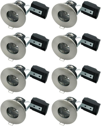 8 Pack - Brushed Chrome IP65 Bathroom & Shower Fire Rated Twist Lock GU10 Recessed Downlight | Air Flow Open Back | 68Mm Cut Out | 240V Class 2 Double Insulated | Push Fit Terminals | Outdoor