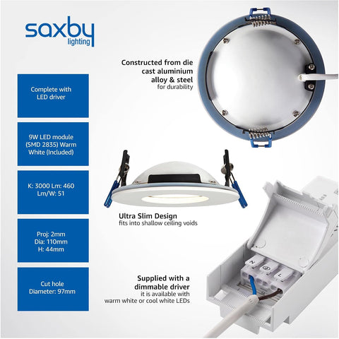 Saxby Orbitalplus Fire Rated Downlight - Dimmable Recessed LED Ceiling Light in Matt White Finish - IP65 Downlights for Bathroom, Shower, Kitchen - 9W LED Module (SMD 2835) Warm White 3000K Colour