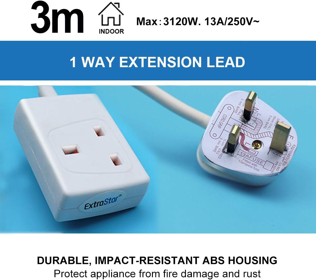 1-way extension lead with 'ExtraStar' branding on a blue background, featuring 3m logo and specifications.