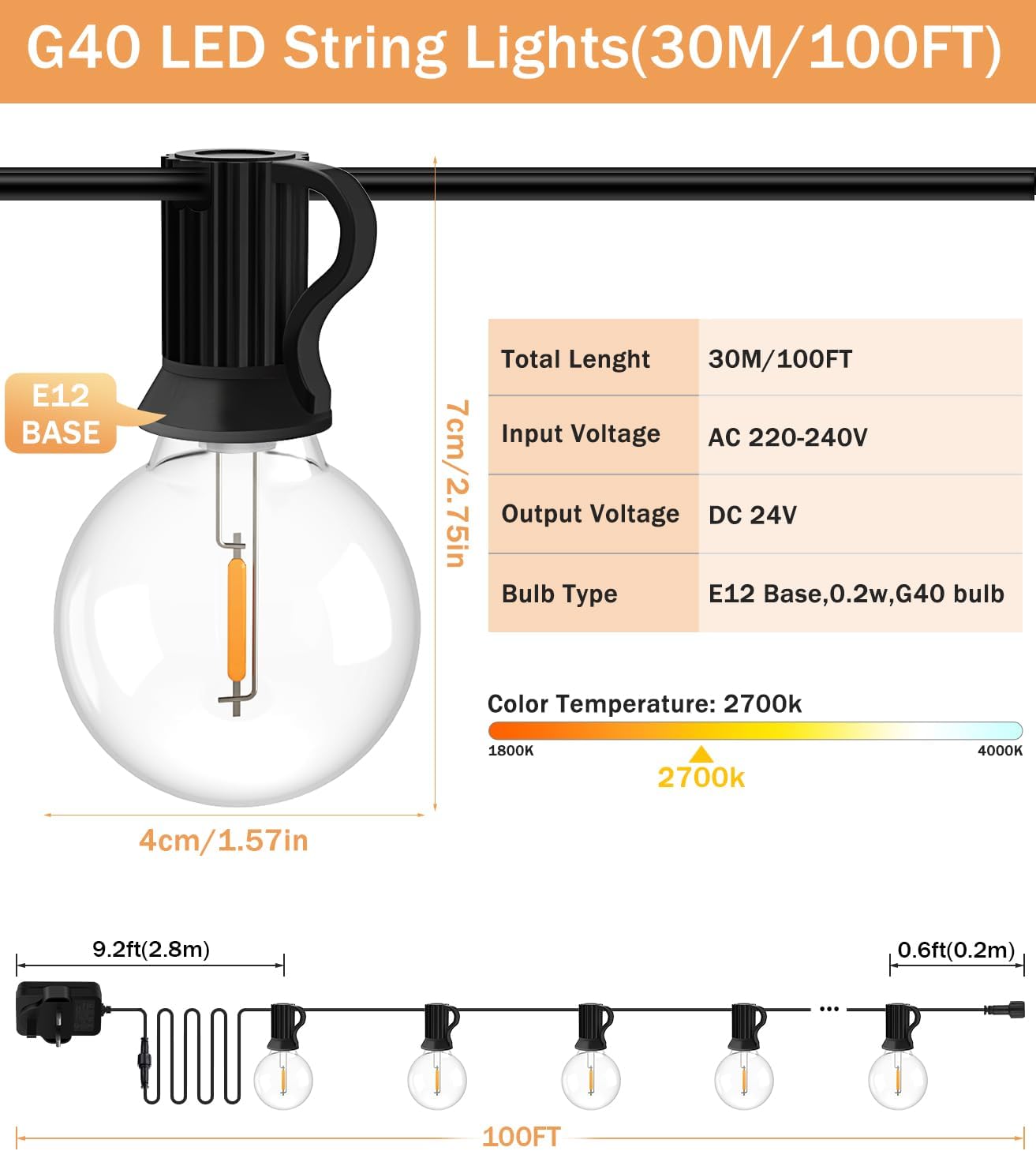 100FT Connectable G40 LED festoon lights spanning across large outdoor event space

