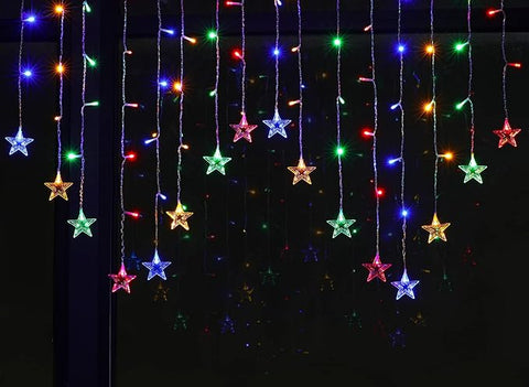 Snowflake string lights hanging across wall


