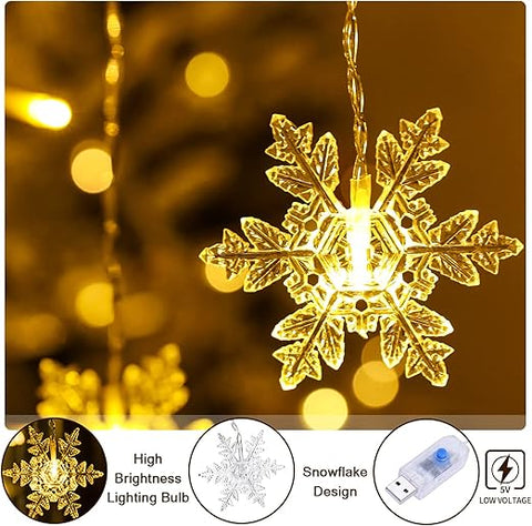 Festive snowflake string lights wrapped around a Christmas tree

