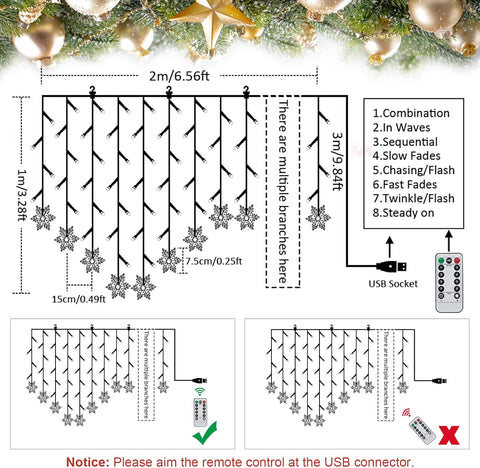 Festive snowflake string lights wrapped around a Christmas tree

