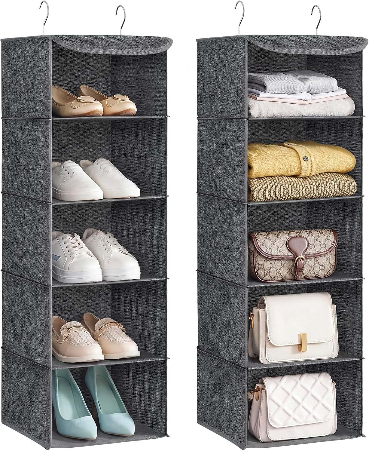 SONGMICS Hanging Wardrobe Organiser Set of 2, 5 Shelves Each, Foldable Grey Storage – Make Room for the Things You Love