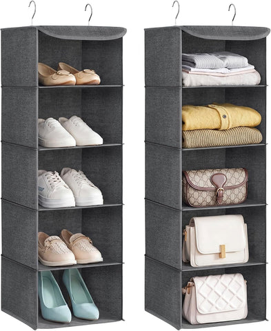 SONGMICS Hanging Wardrobe Organiser Set of 2, 5 Shelves Each, Foldable Grey Storage – Make Room for the Things You Love