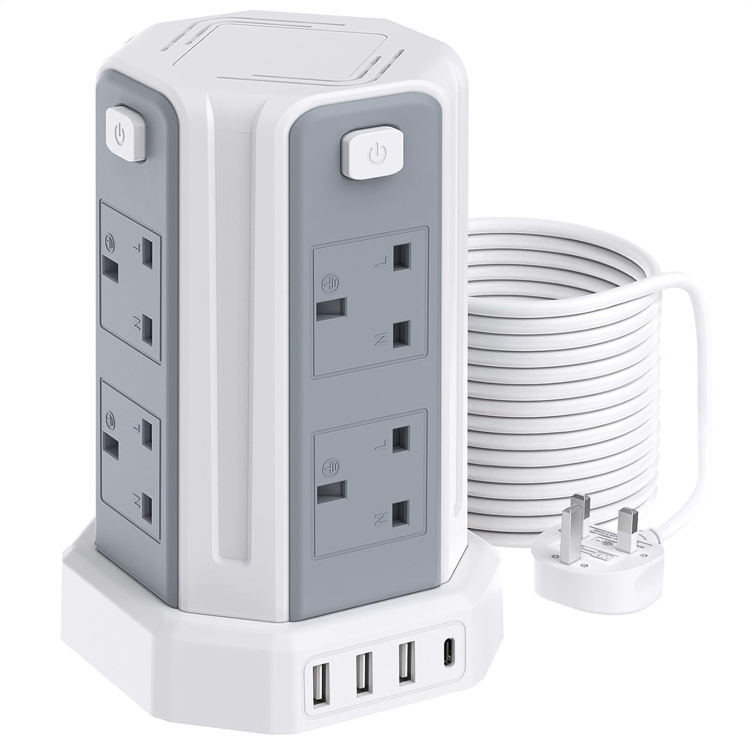 10M Multi-outlet power strip with USB ports and coiled cable on a white background