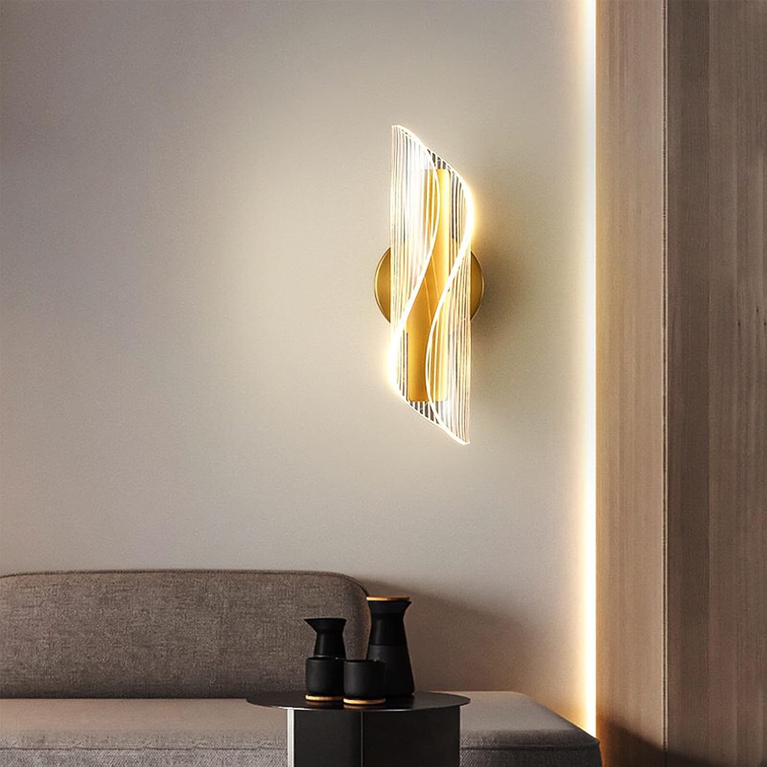 Minimalist spiral LED wall light enhancing a hallway with soft, ambient illumination