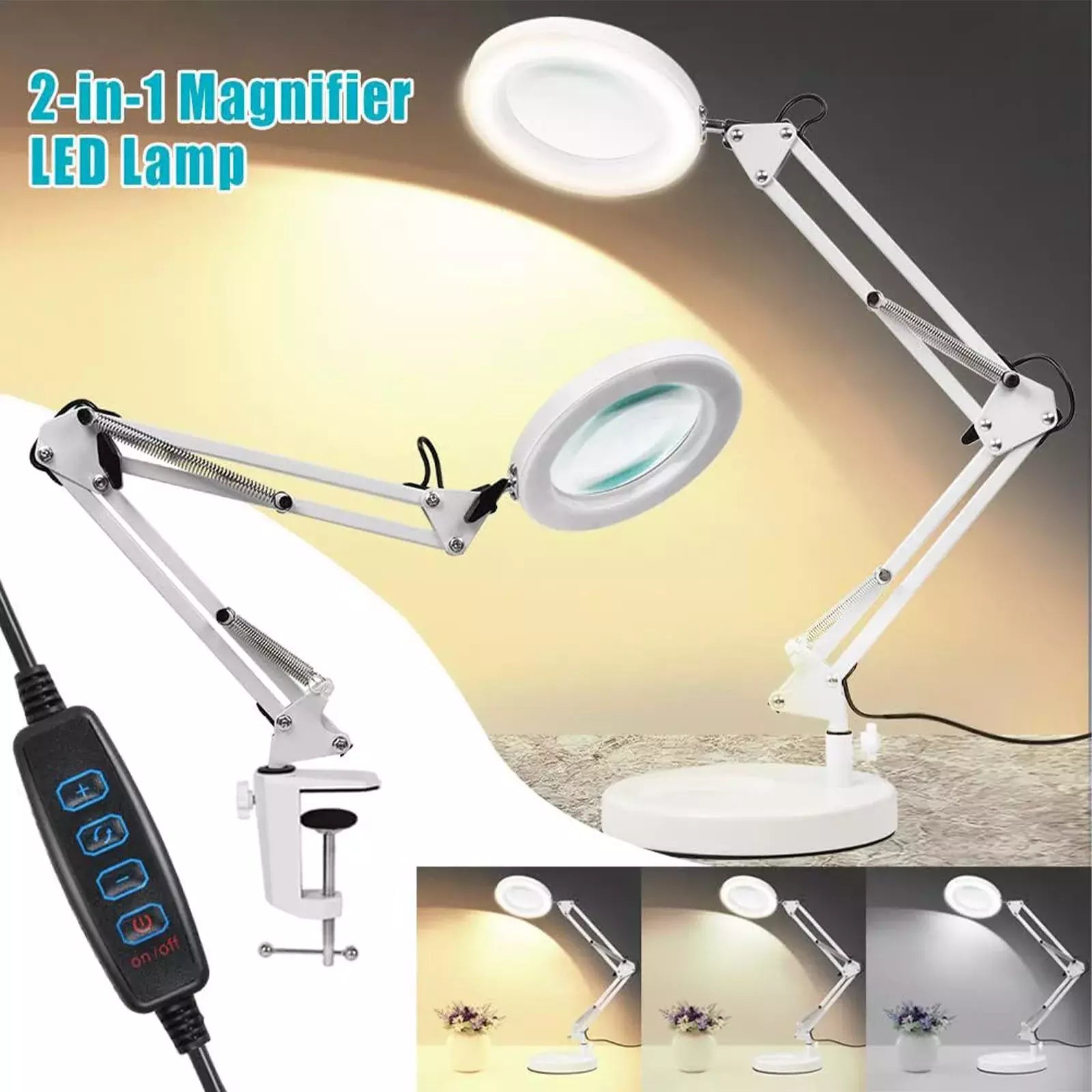 Magnifier clamped to a table edge during electronics repair

