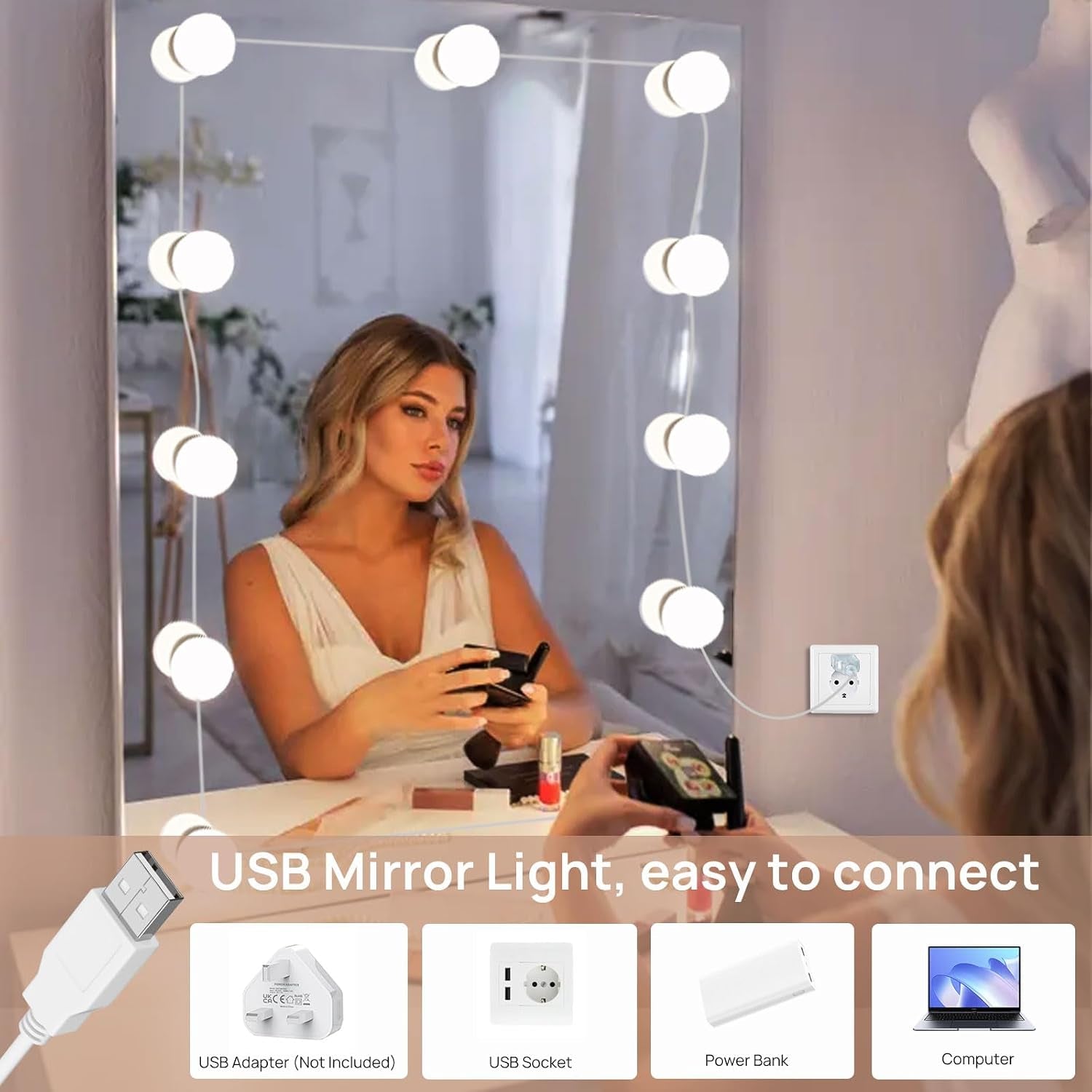 Hollywood Mirror Lights Stick on 10 Bulbs, USB Cable Adjustable, 3 Colour Changing and 10 Brightness, LED Vanity Mirror Lamp Dimmable, Makeup Lights for Dressing Table (No Adapter)
