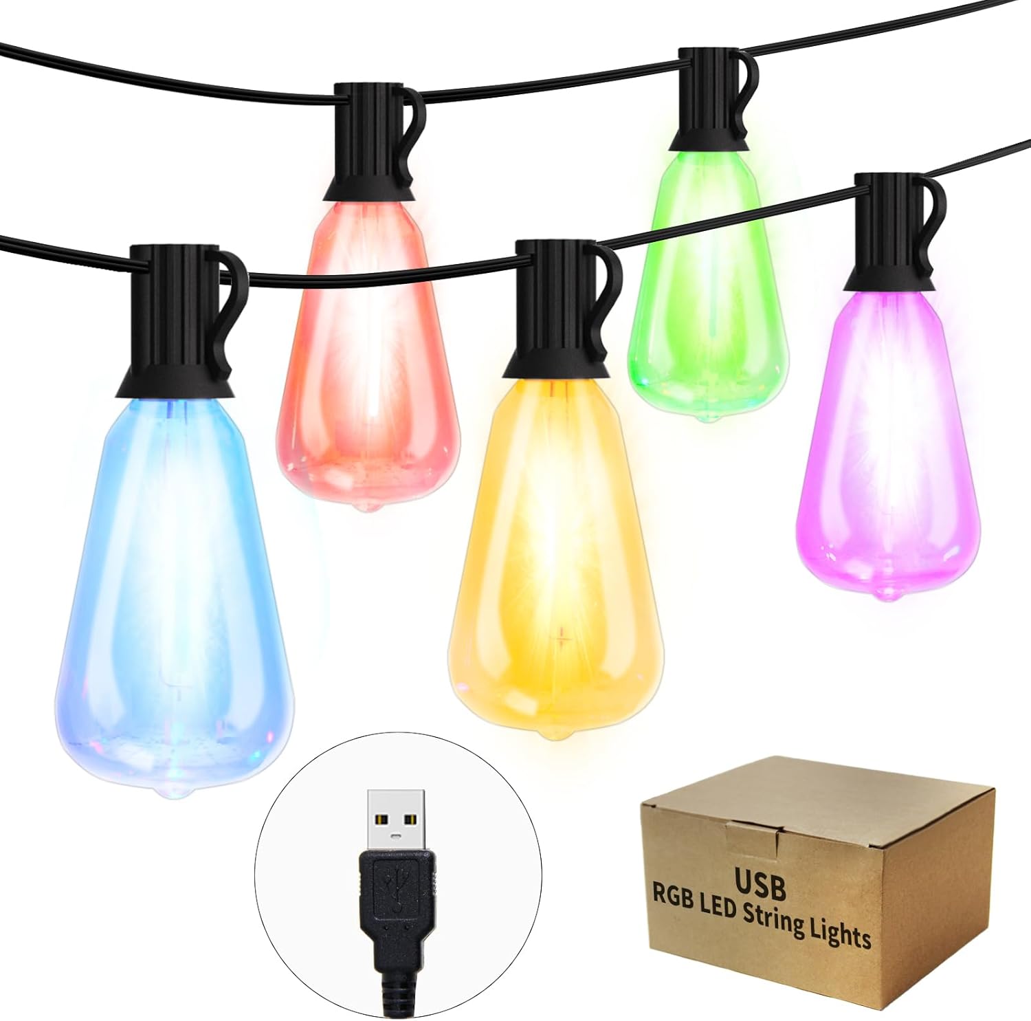 Close-up of ST38 shatterproof LED Edison bulbs in vibrant colors.

