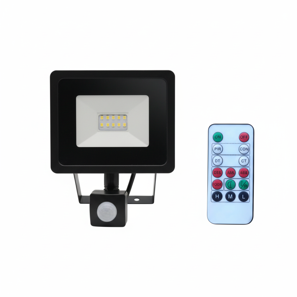 10w Black flood light with motion sensor and remote control on a white background