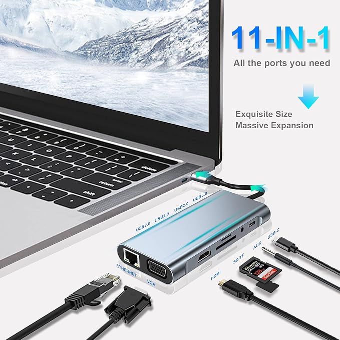 11-in-1 USB hub connected to a laptop with various cables on a white background