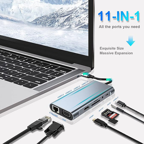11-in-1 USB hub connected to a laptop with various cables on a white background