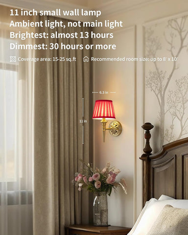 11-inch small wall lamp in a bedroom setting with text on features.