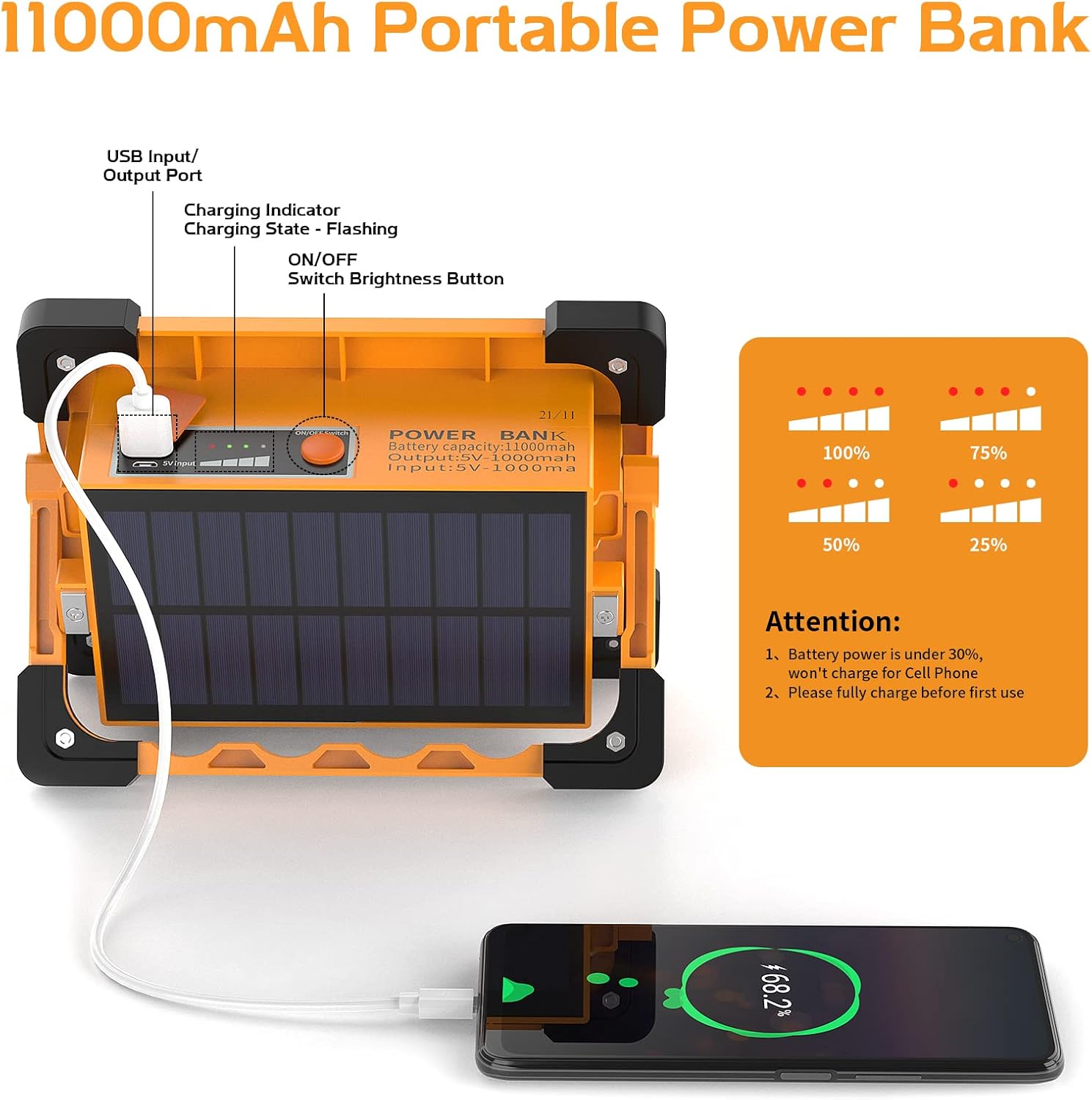 11000mAh portable power bank with solar panel and smartphone charging cable on a white background