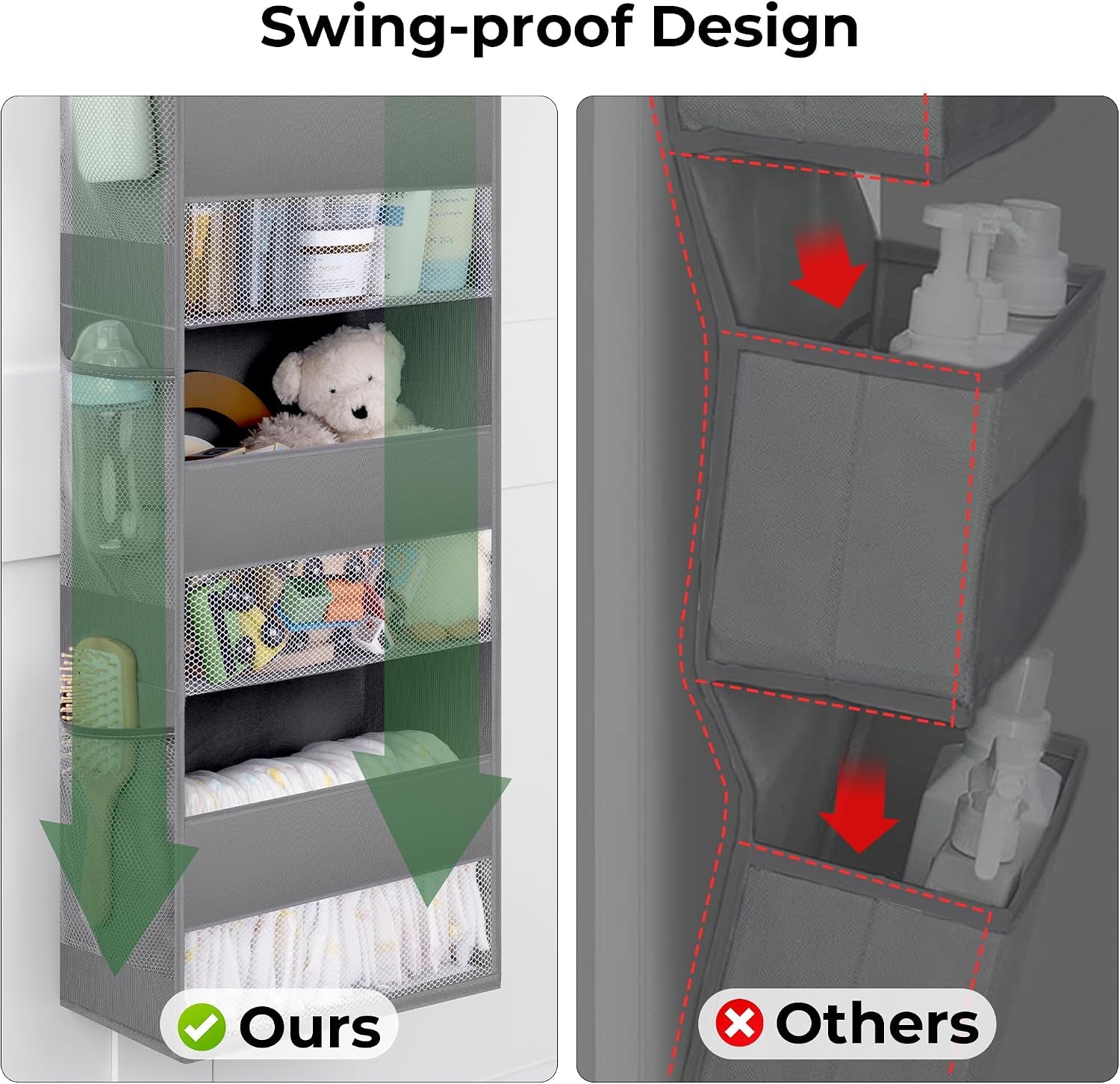 5-Shelf Hanging Storage Pockets, Pack of 1 Back Door Organiser Storage, behind Door Storage Organizer for Bedroom Living Room, Grey Overdoor Storage Organiser, Nursery Hanging Storage