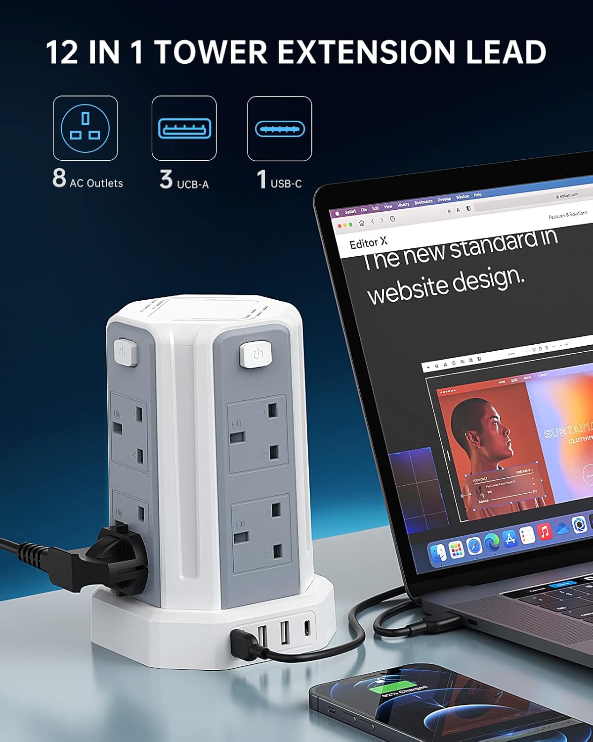 12-in-1 tower extension lead with multiple outlets and USB ports next to a laptop on a desk.