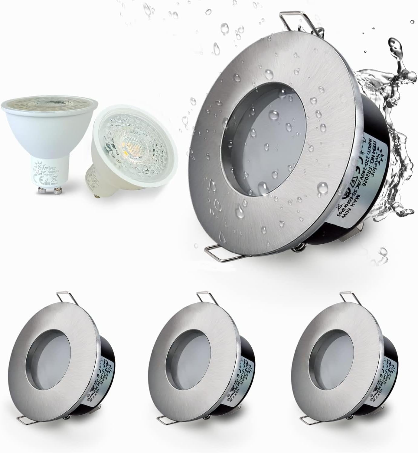 LED Downlights 5W, GU10 IP65 Bathroom Spotlights 3000K Warm White, 430LM Waterproof Recessed Ceiling Lights for Shower, Kitchen, Cut Out 68-75Mm 4 Pack