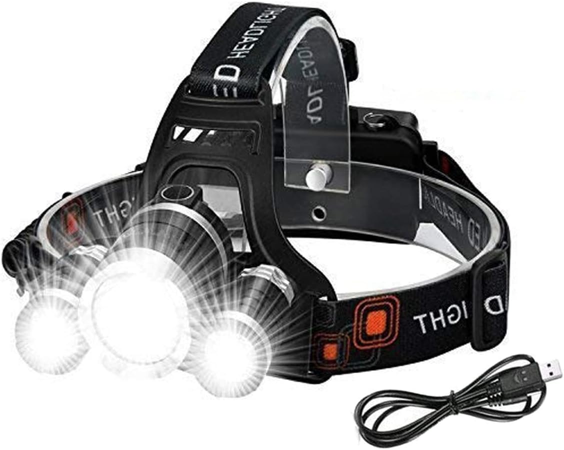Head Torch Rechargeable – 6000 Lumen Head Torches LED Super Bright Rechargeable Headlight 3 LEDs 4 Modes Headlamp Hands-Free Flashlight for Camping Fishing Cycling Hiking Waterproof