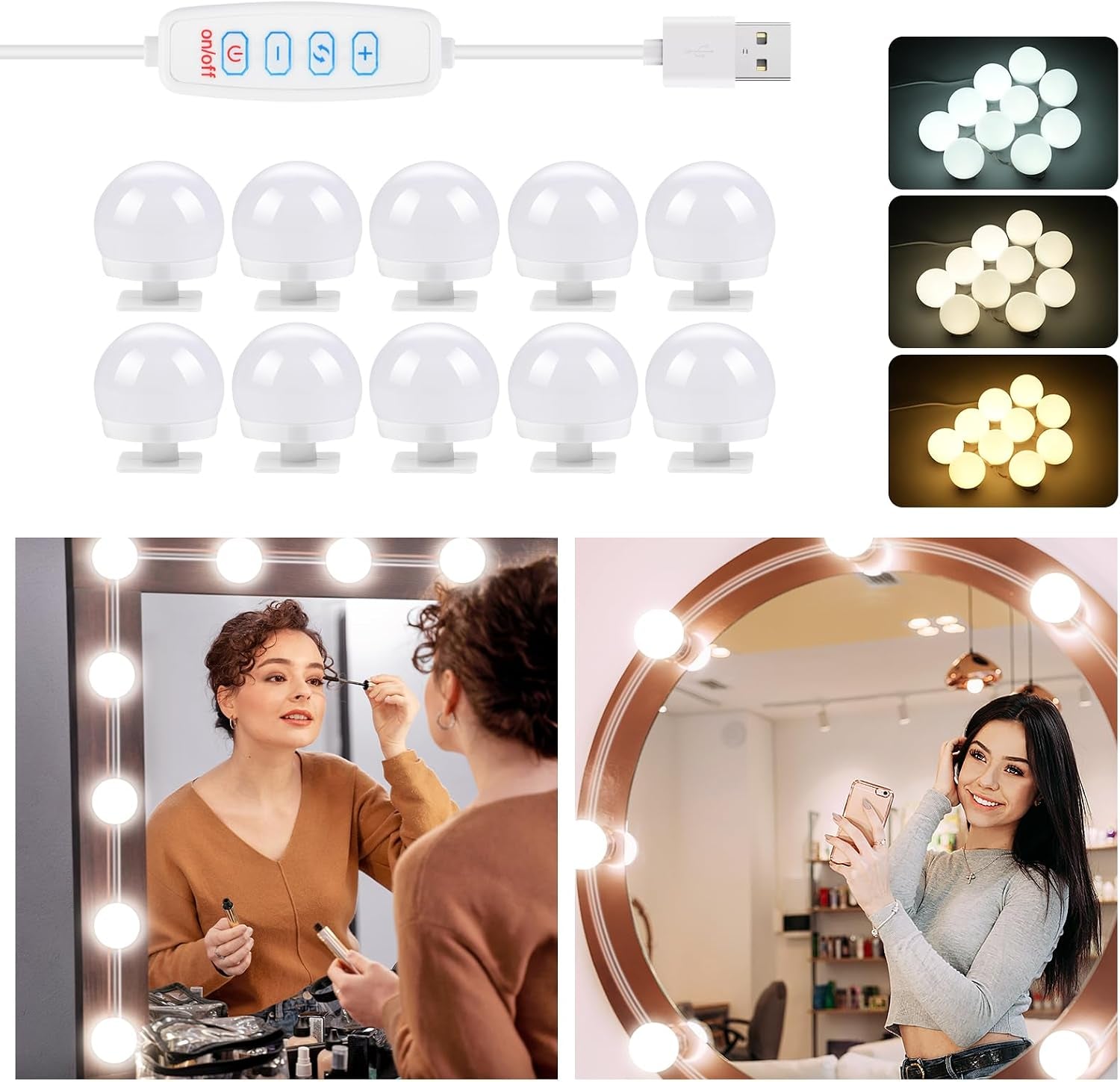 Hollywood Mirror Lights Stick on 10 Bulbs, Makeup Lights for Dressing Table, USB Cable Adjustable, LED Vanity Mirror Lights for Mirror Make up Light for Bathroom Vanity Table Bedroom