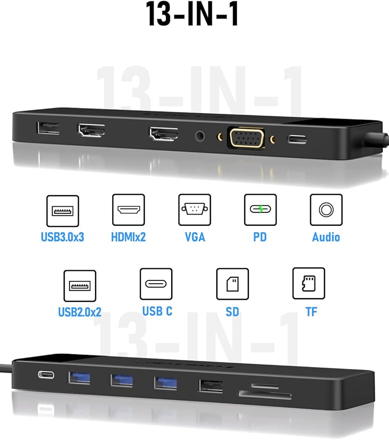 13-in-1 USB hub with various ports and connectors on a white background