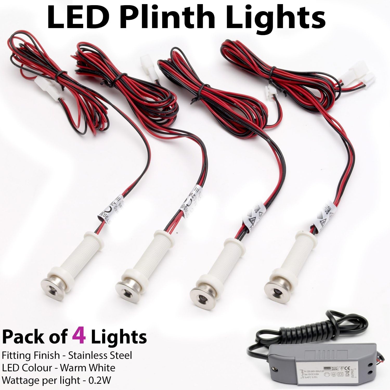 4X round LED Mini Plinth Light Kit | Stainless Steel & Warm White | Bathroom & Kitchen Skirting Kickboard Spot Lights | Recessed/Flush Cabinet Counter Panel Lighting