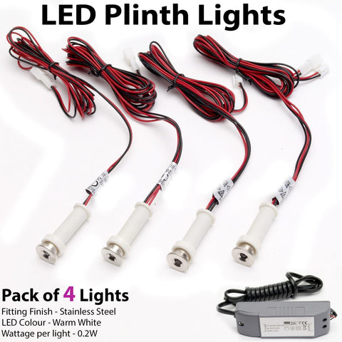 4X round LED Mini Plinth Light Kit | Stainless Steel & Warm White | Bathroom & Kitchen Skirting Kickboard Spot Lights | Recessed/Flush Cabinet Counter Panel Lighting