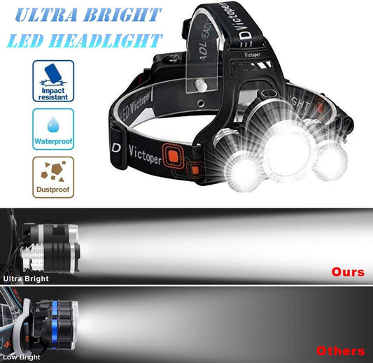 Head Torch Rechargeable – 6000 Lumen Head Torches LED Super Bright Rechargeable Headlight 3 LEDs 4 Modes Headlamp Hands-Free Flashlight for Camping Fishing Cycling Hiking Waterproof