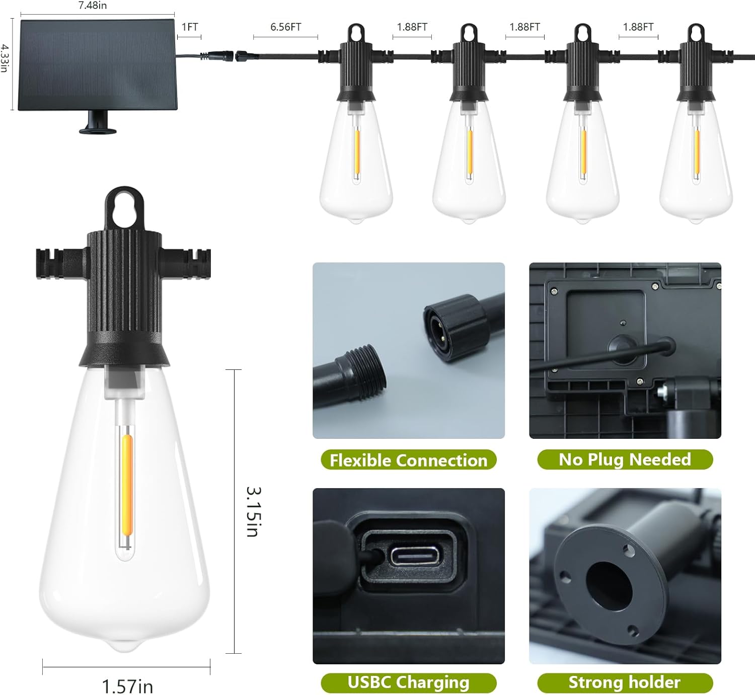 Connectable of solar panel powering outdoor festoon lights

