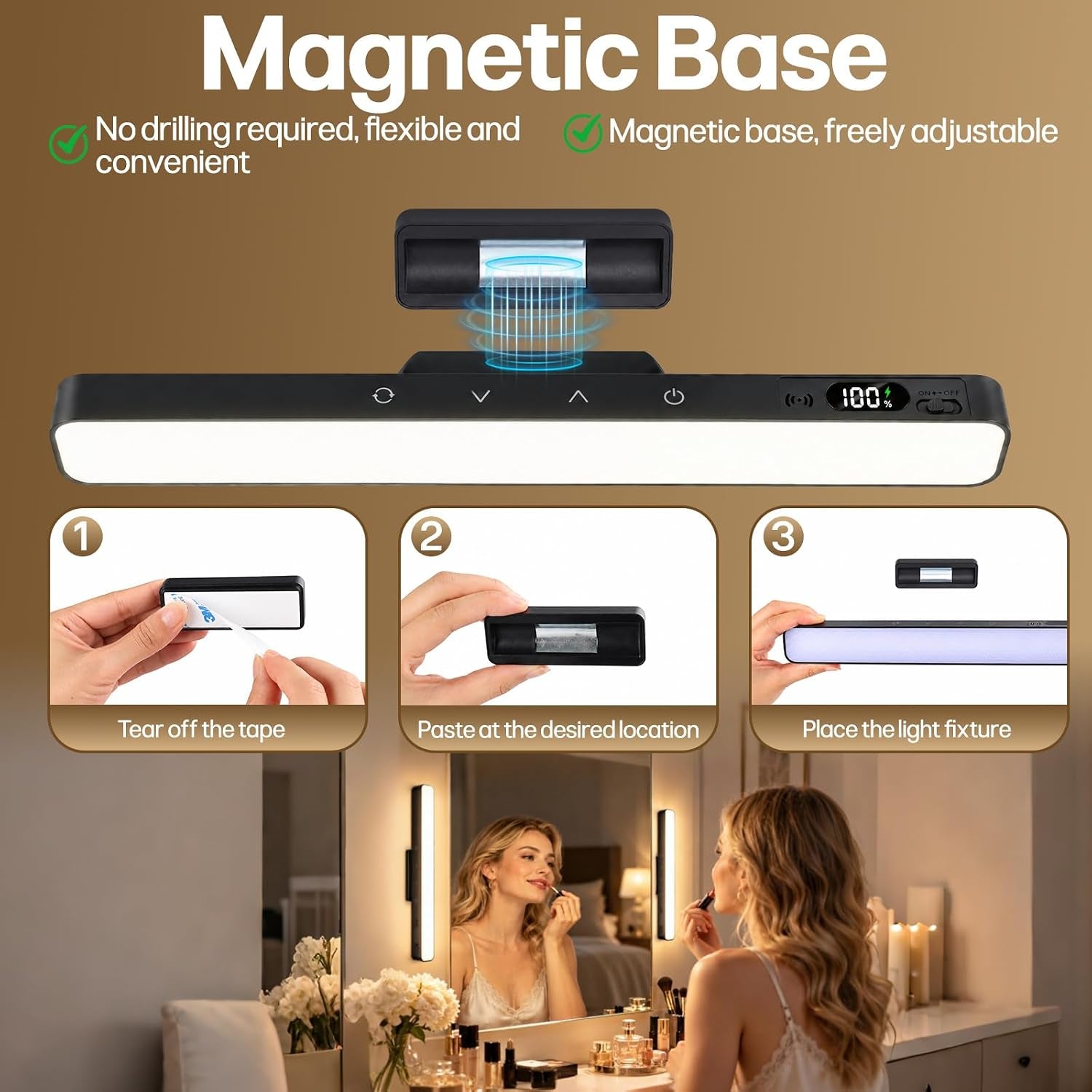 Makeup Light for Bathroom -Rechargeable LED Strip Light, Black | Wireless Wall Lights with Battery Display, 5 Color Modes, Remote Control Bathroom Mirror Lamp for Dressing Table, Cupboard