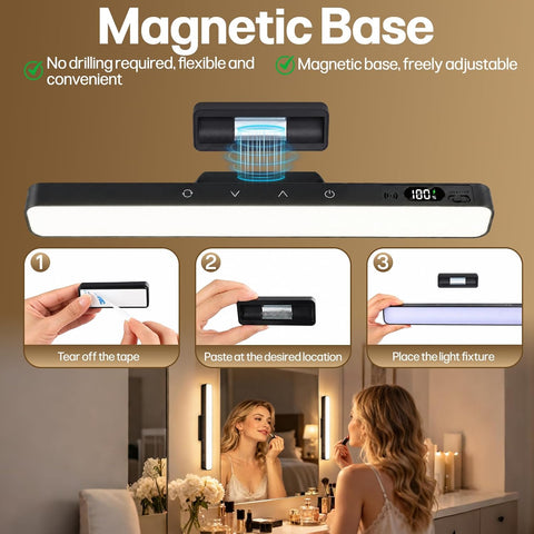 Makeup Light for Bathroom -Rechargeable LED Strip Light, Black | Wireless Wall Lights with Battery Display, 5 Color Modes, Remote Control Bathroom Mirror Lamp for Dressing Table, Cupboard