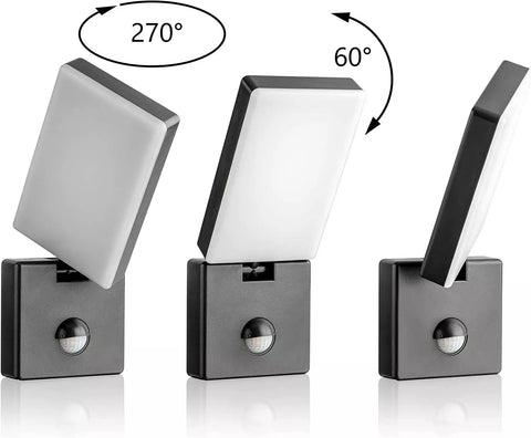Sleek black LED wall light with PIR sensor on a fence


